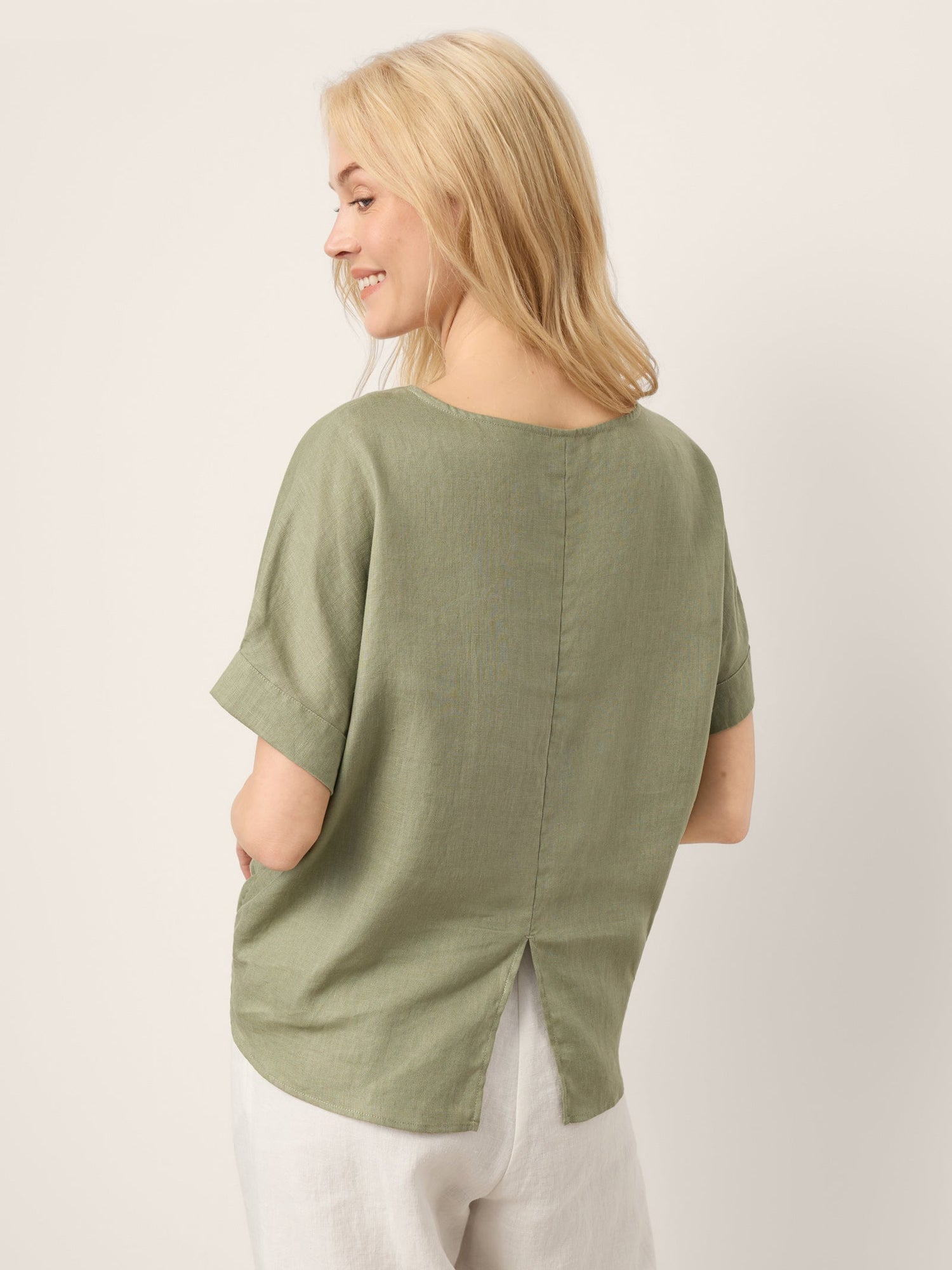 100% Linen Drop Shoulder Split-Back Double Shirred Hem Top LINDSEY - Glamourous Grace