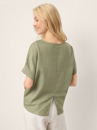 100% Linen Drop Shoulder Split-Back Double Shirred Hem Top LINDSEY - Glamourous Grace
