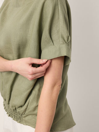 100% Linen Drop Shoulder Split-Back Double Shirred Hem Top LINDSEY - Glamourous Grace