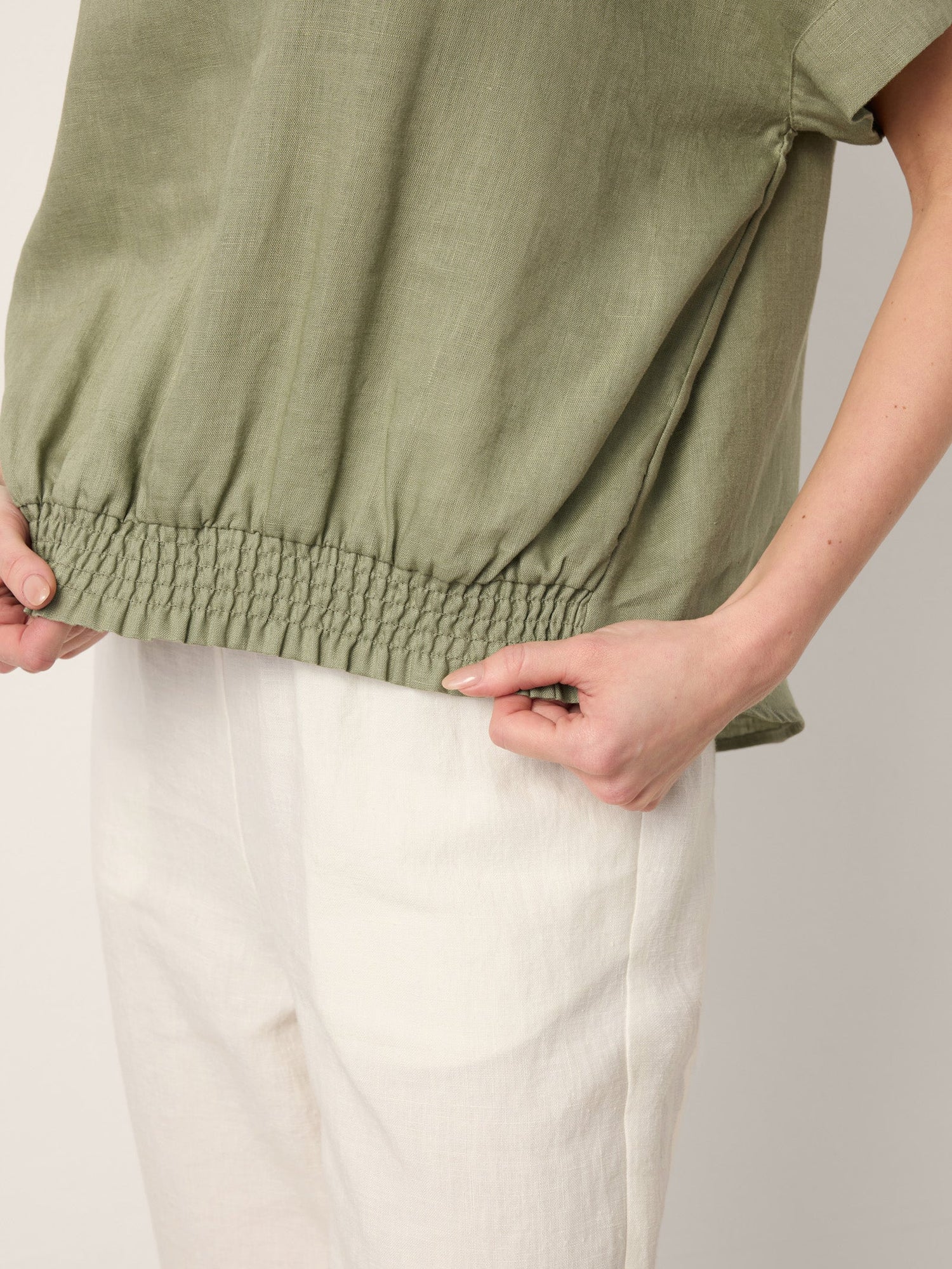 100% Linen Drop Shoulder Split-Back Double Shirred Hem Top LINDSEY - Glamourous Grace