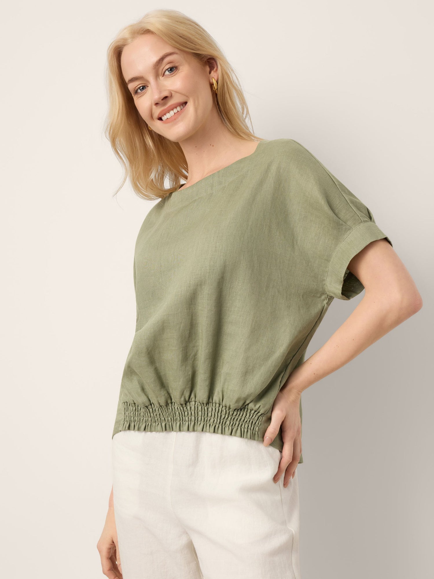 100% Linen Drop Shoulder Split-Back Double Shirred Hem Top LINDSEY - Glamourous Grace