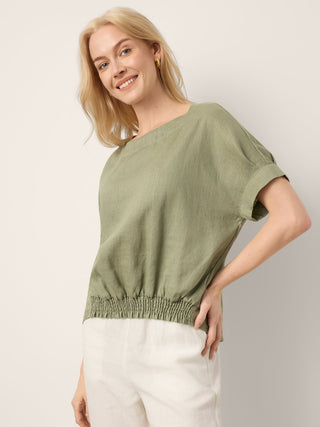 100% Linen Drop Shoulder Split-Back Double Shirred Hem Top LINDSEY - Glamourous Grace