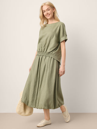 100% Linen Drop Shoulder Split-Back Double Shirred Hem Top LINDSEY - Glamourous Grace
