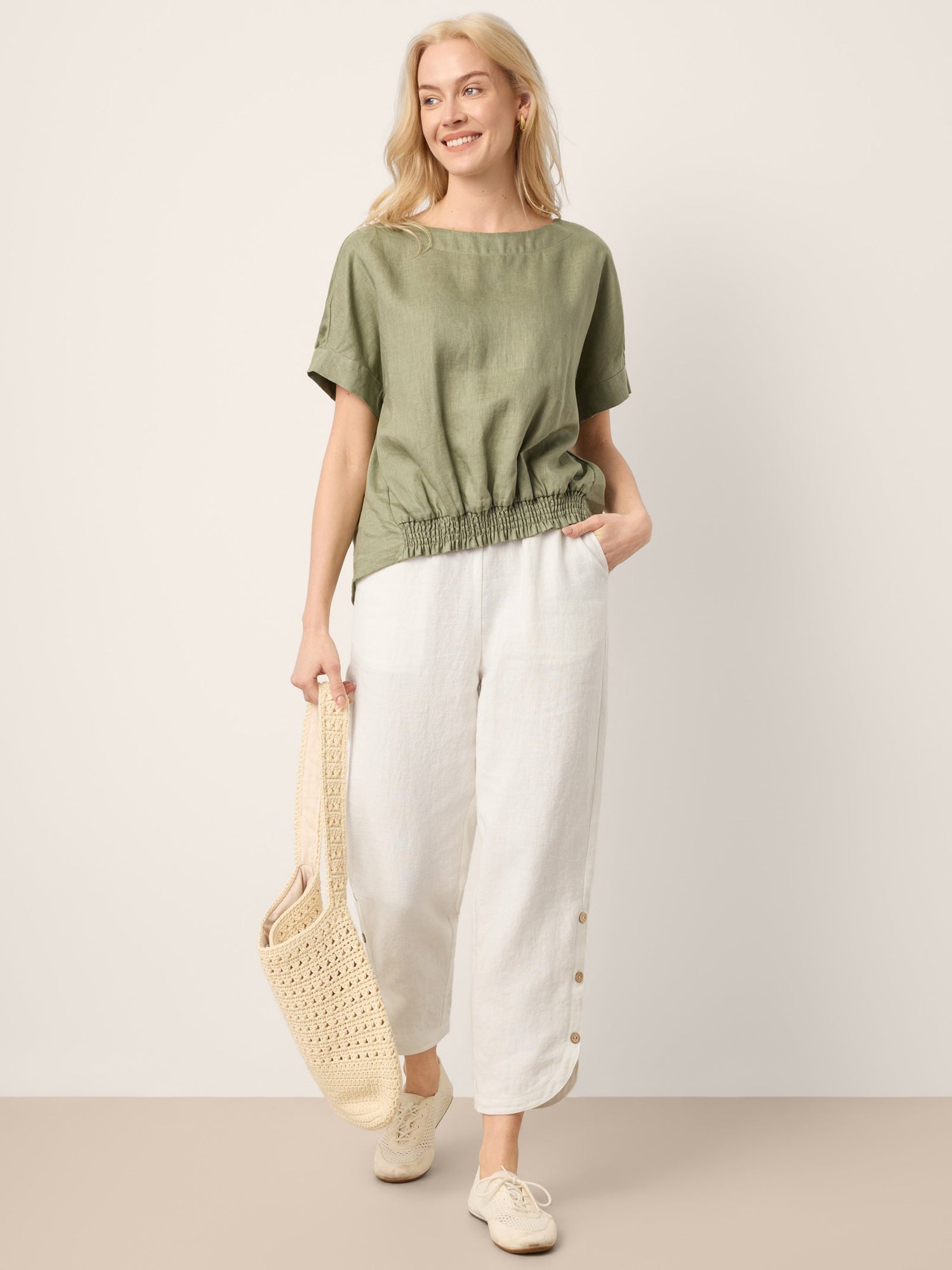 100% Linen Drop Shoulder Split-Back Double Shirred Hem Top LINDSEY - Glamourous Grace