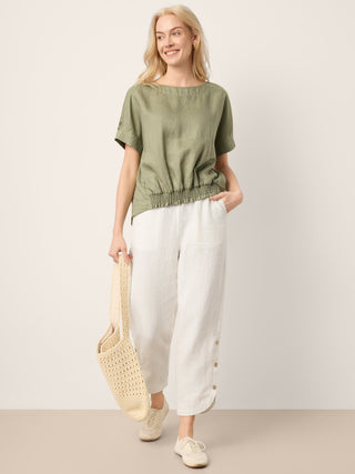 100% Linen Drop Shoulder Split-Back Double Shirred Hem Top LINDSEY - Glamourous Grace
