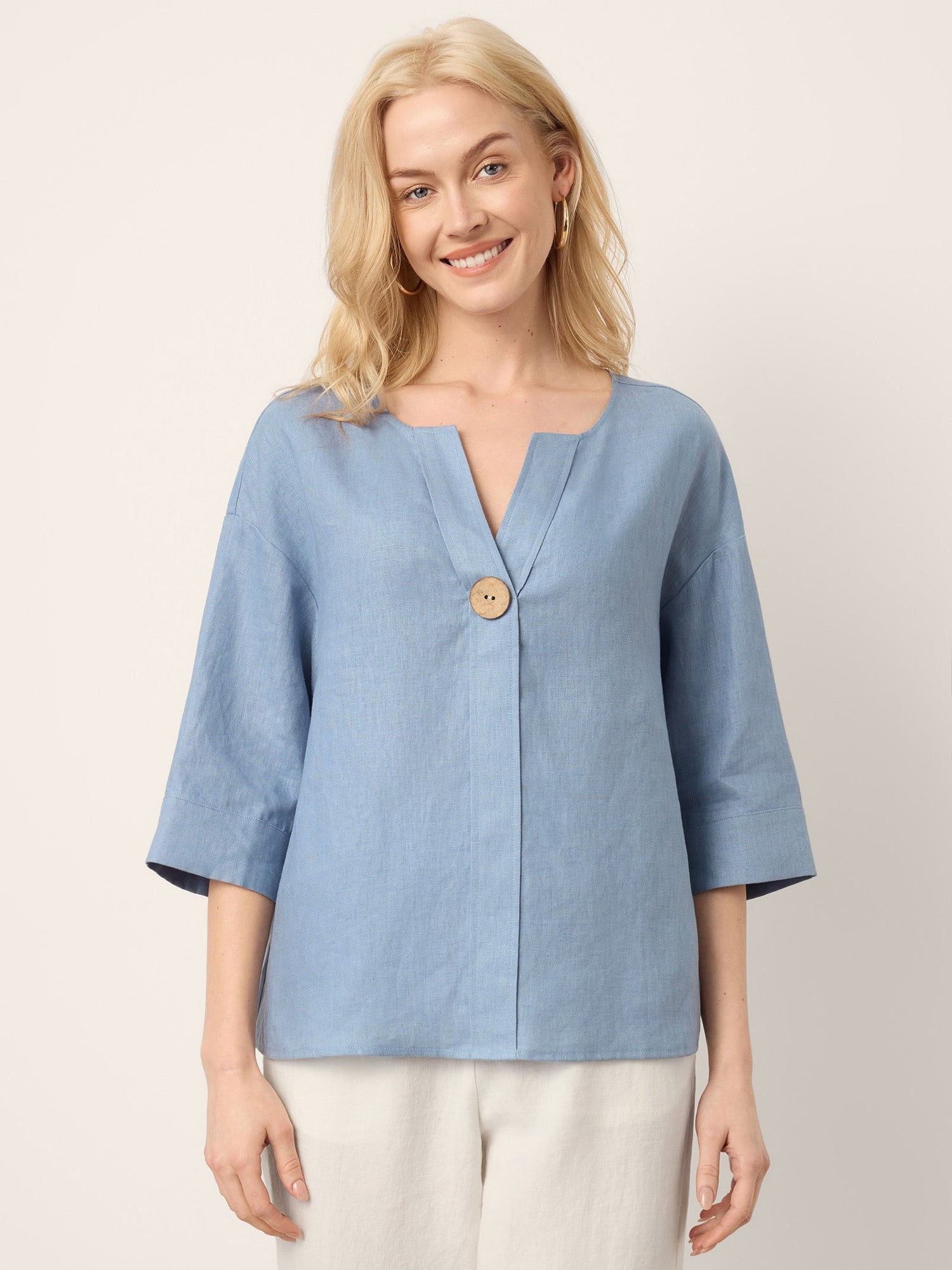 100% Linen Drop Shoulder V-Neck Statement Button Top LISARA - Glamourous Grace