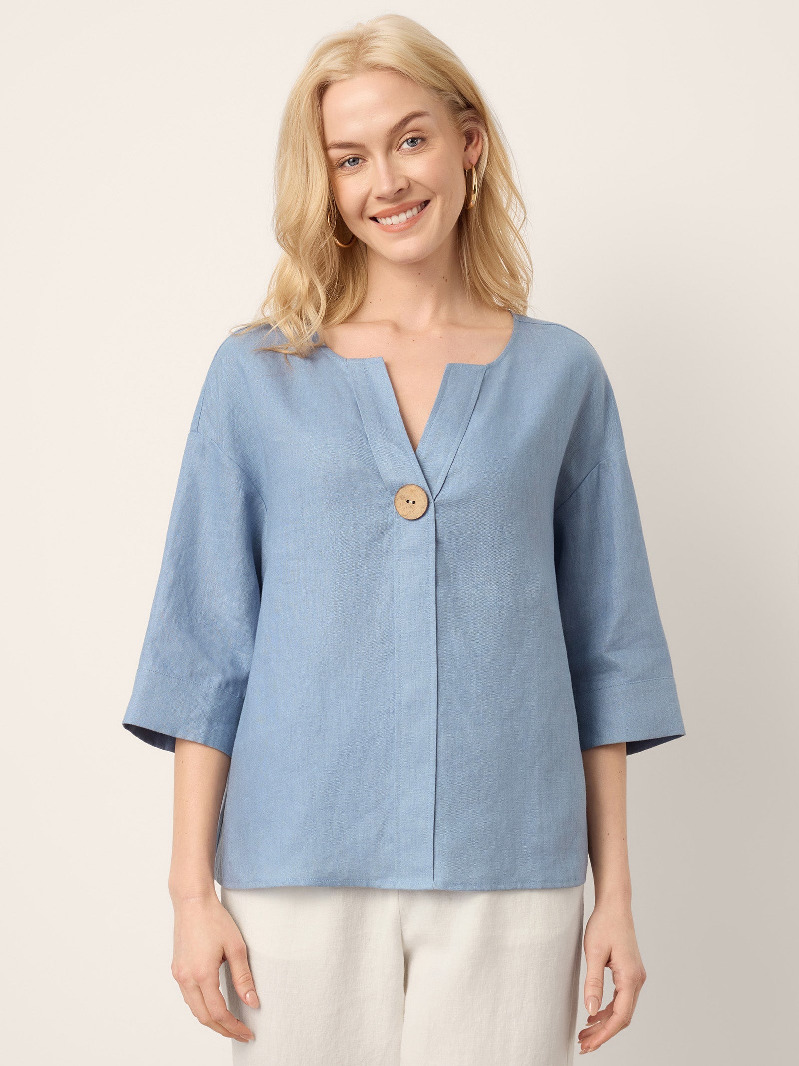 100% Linen Drop Shoulder V-Neck Statement Button Top LISARA - Glamourous Grace