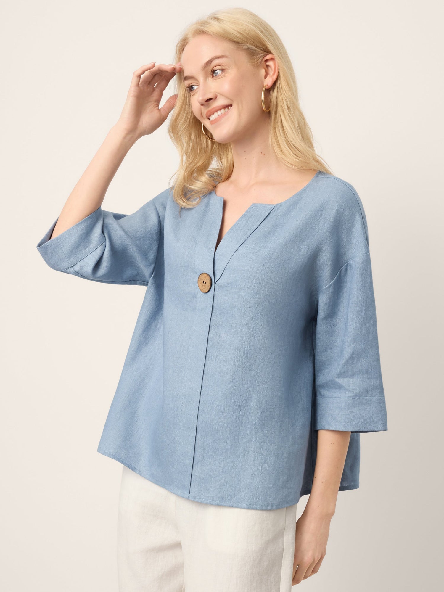 100% Linen Drop Shoulder V-Neck Statement Button Top LISARA - Glamourous Grace