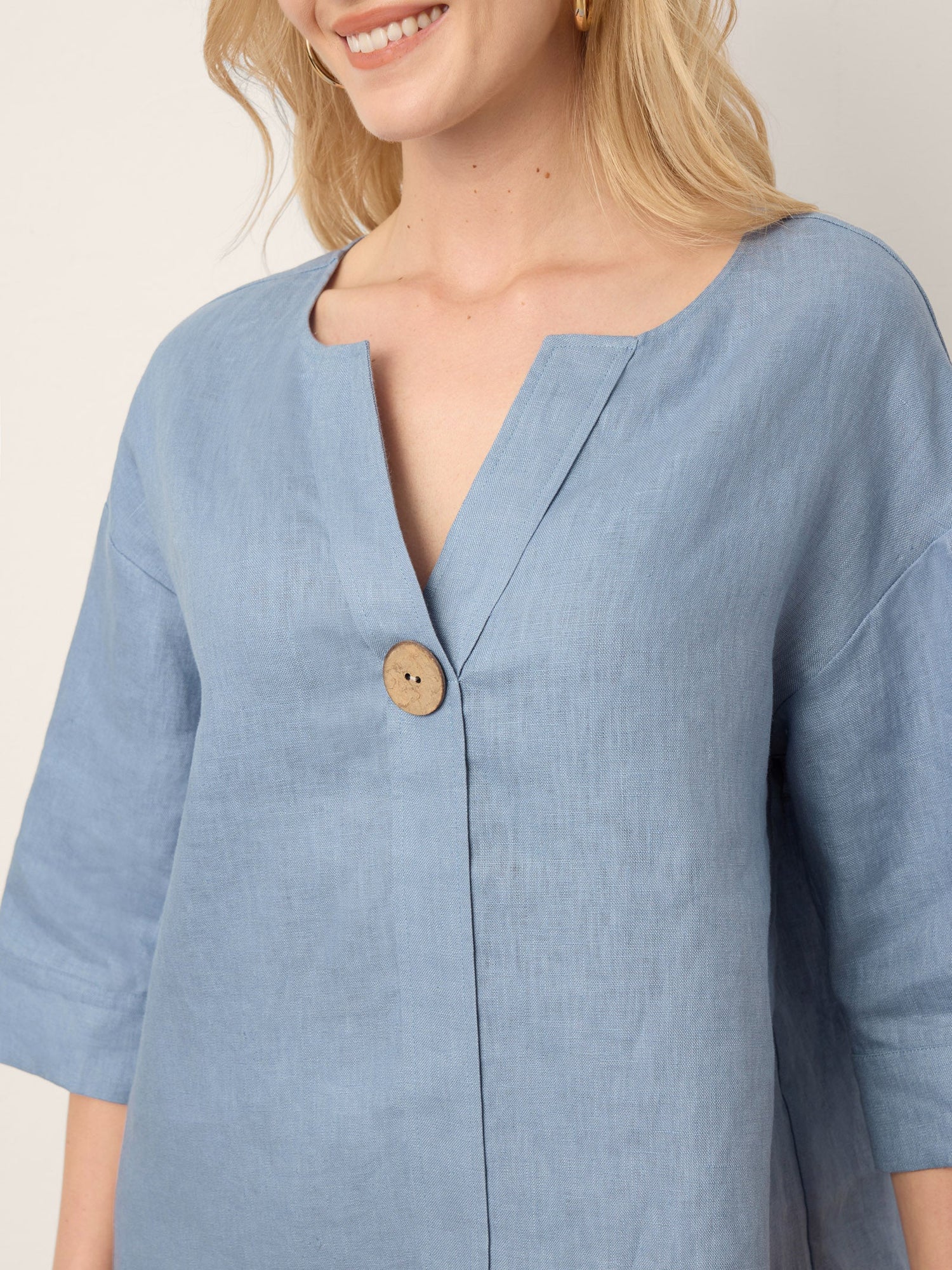 100% Linen Drop Shoulder V-Neck Statement Button Top LISARA - Glamourous Grace
