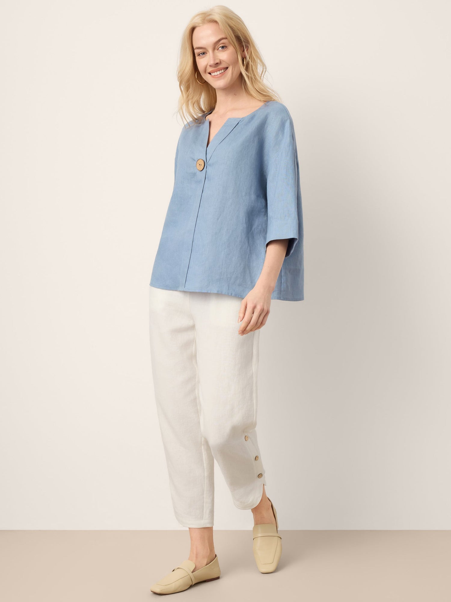 100% Linen Drop Shoulder V-Neck Statement Button Top LISARA - Glamourous Grace