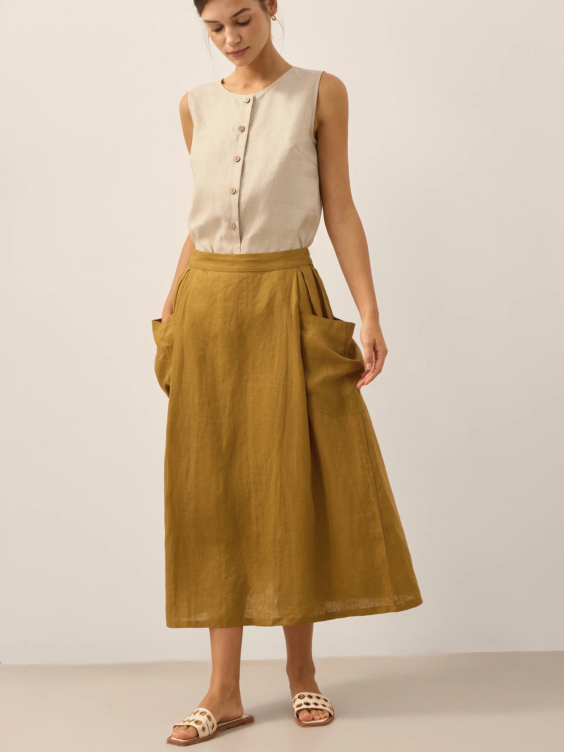 100% Linen Elastic Waist Skirt MARINA - Glamourous Grace
