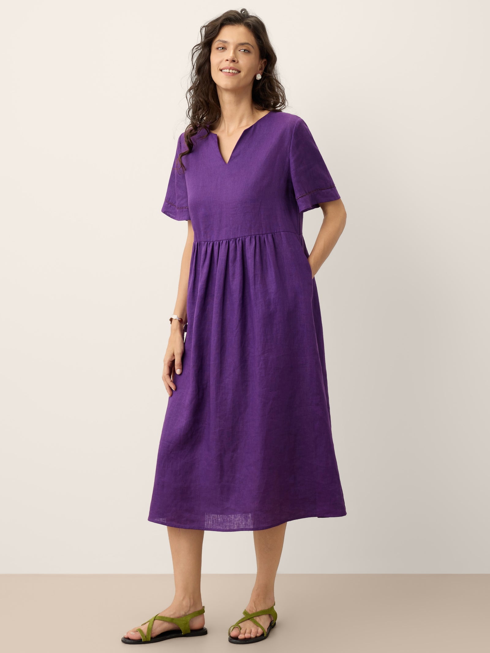 100% Linen Embroidered Cuff Split Neck Midi Dress OCTAVIA - Glamourous Grace
