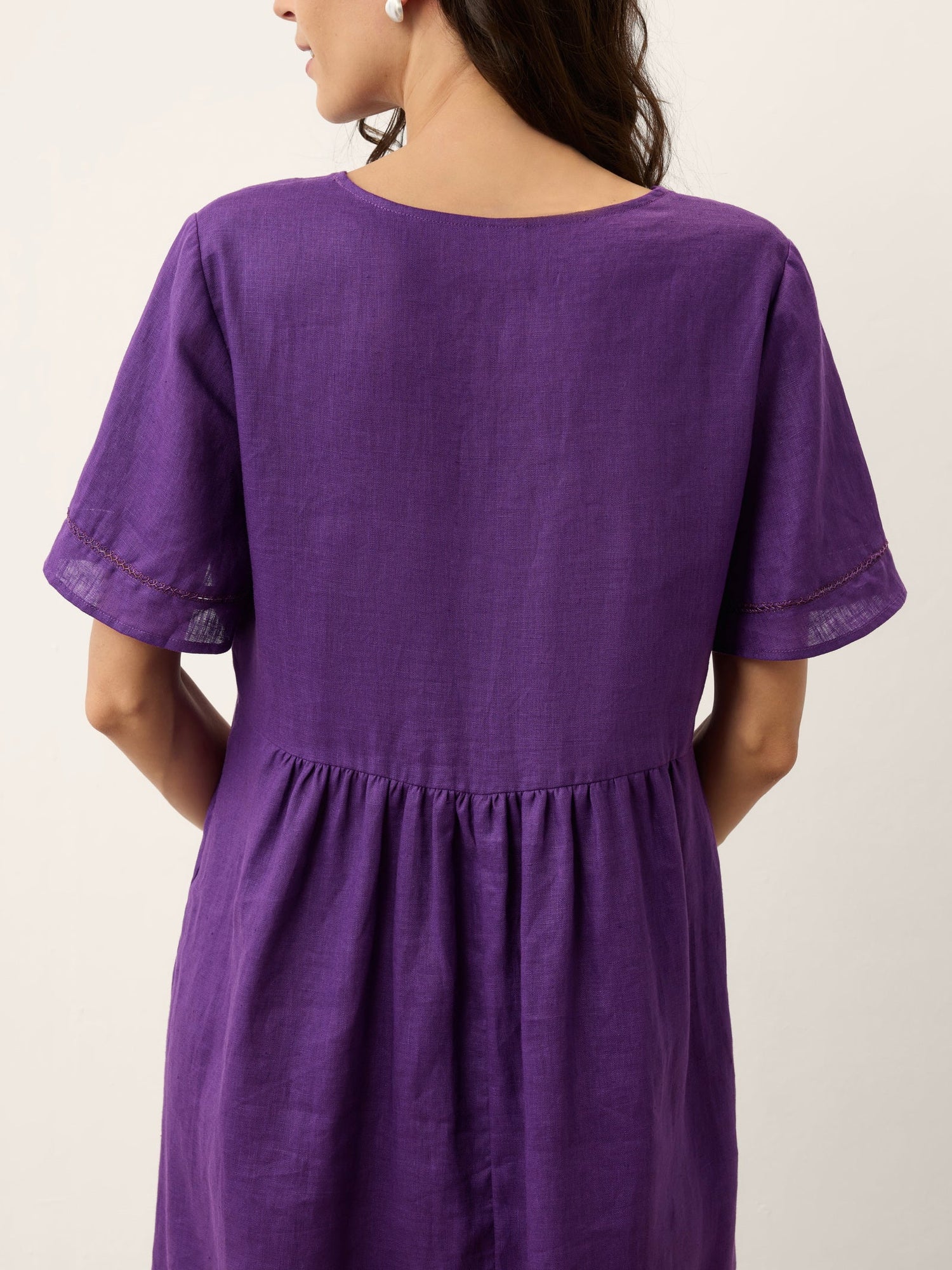 100% Linen Embroidered Cuff Split Neck Maxi Dress OCTAVIA - Glamourous Grace