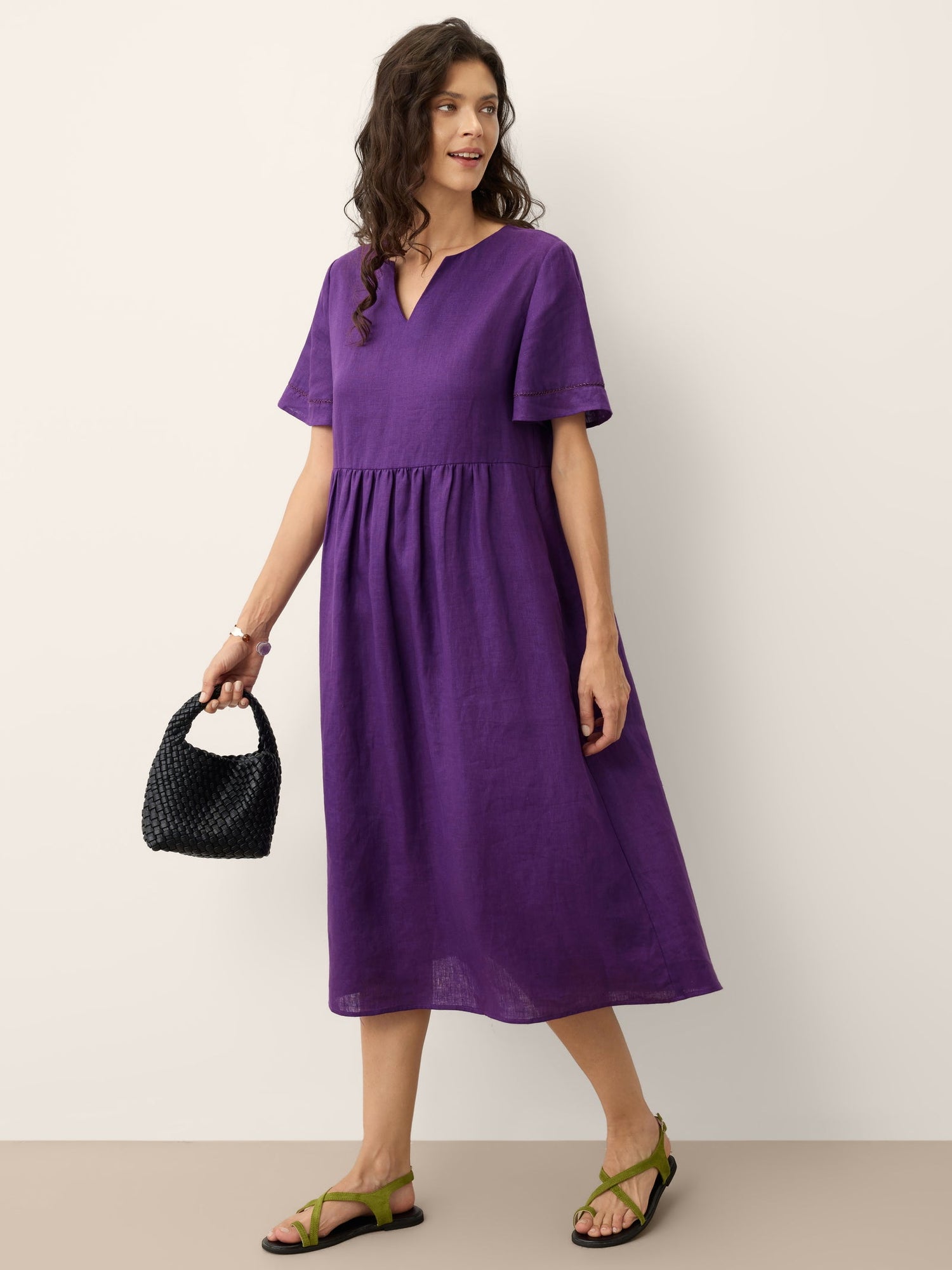 100% Linen Embroidered Cuff Split Neck Maxi Dress OCTAVIA - Glamourous Grace