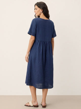 100% Linen Embroidered Cuff Split Neck Midi Dress OCTAVIA - Glamourous Grace