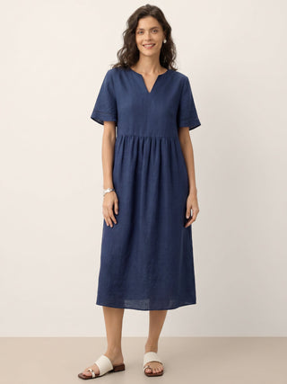 100% Linen Embroidered Cuff Split Neck Midi Dress OCTAVIA - Glamourous Grace