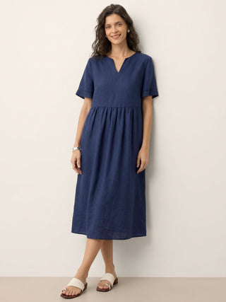100% Linen Embroidered Cuff Split Neck Midi Dress OCTAVIA - Glamourous Grace
