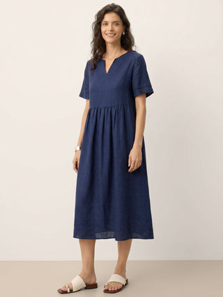 100% Linen Embroidered Cuff Split Neck Midi Dress OCTAVIA - Glamourous Grace