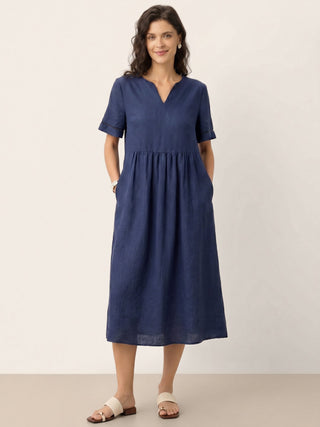 100% Linen Embroidered Cuff Split Neck Midi Dress OCTAVIA - Glamourous Grace