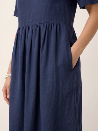 100% Linen Embroidered Cuff Split Neck Midi Dress OCTAVIA - Glamourous Grace