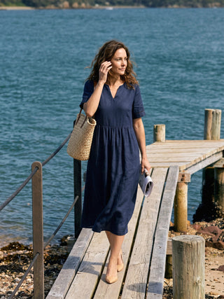 100% Linen Embroidered Cuff Split Neck Midi Dress OCTAVIA - Glamourous Grace