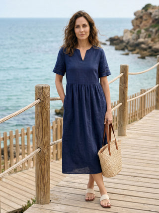 100% Linen Embroidered Cuff Split Neck Midi Dress OCTAVIA - Glamourous Grace