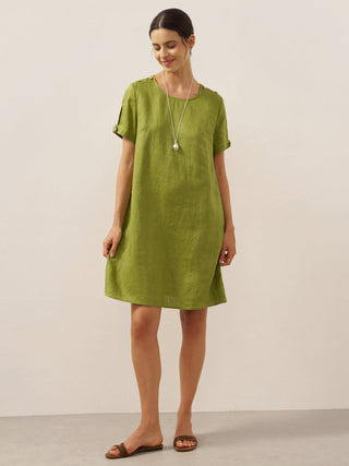 LINTICO 100% linen eyelet mini dress with short sleeves in avocado green, featuring a lightweight, breathable design.