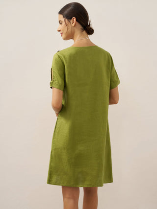 LINTICO 100% linen eyelet short sleeve mini dress in avocado green, lightweight and breathable for casual summer wear.