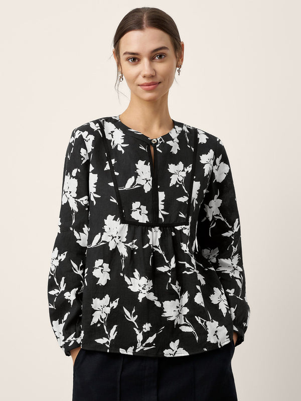 100% Linen Floral Printed Gathered Pullover Top AMIYA - Glamourous Grace