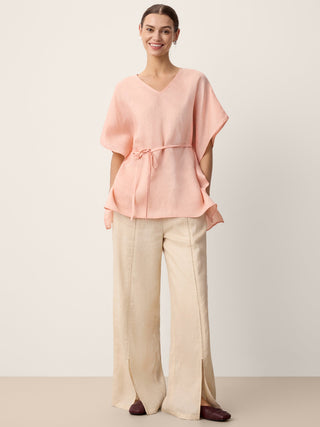 100% Linen Flutter-Sleeve V-Neck Top MARA - Glamourous Grace