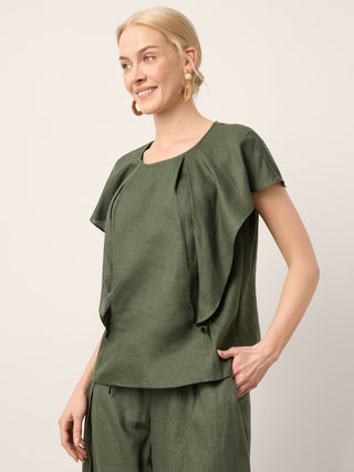 100% Linen Flutter Sleeve Sculpted Pleat Top DRUSILLA - Glamourous Grace