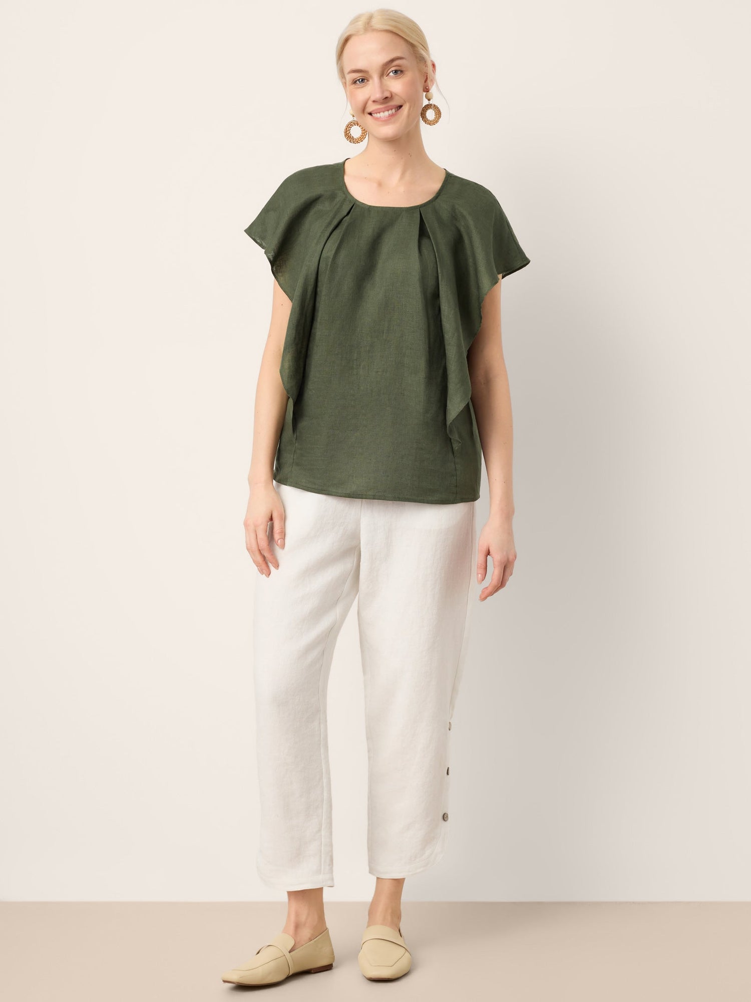 100% Linen Flutter Sleeve Sculpted Pleat Top DRUSILLA - Glamourous Grace