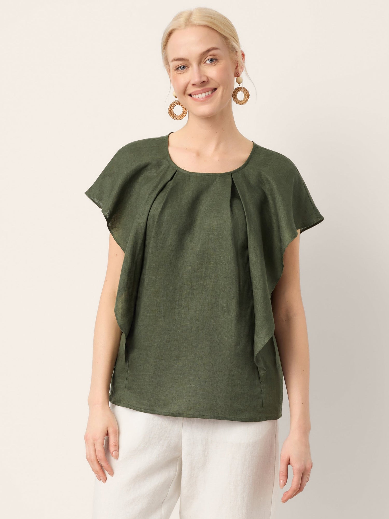 100% Linen Flutter Sleeve Sculpted Pleat Top DRUSILLA - Glamourous Grace