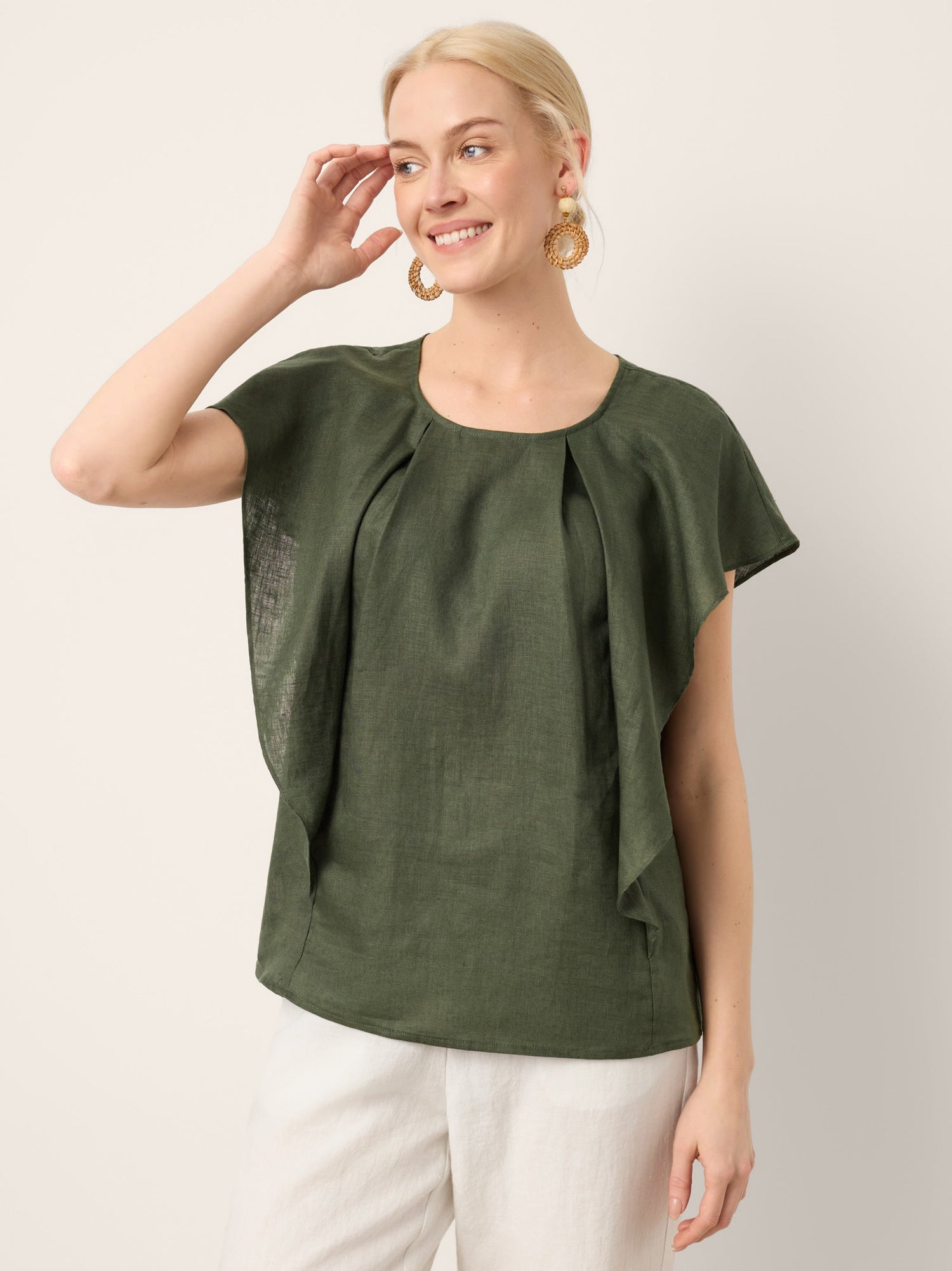 100% Linen Flutter Sleeve Sculpted Pleat Top DRUSILLA - Glamourous Grace
