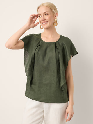 100% Linen Flutter Sleeve Sculpted Pleat Top DRUSILLA - Glamourous Grace