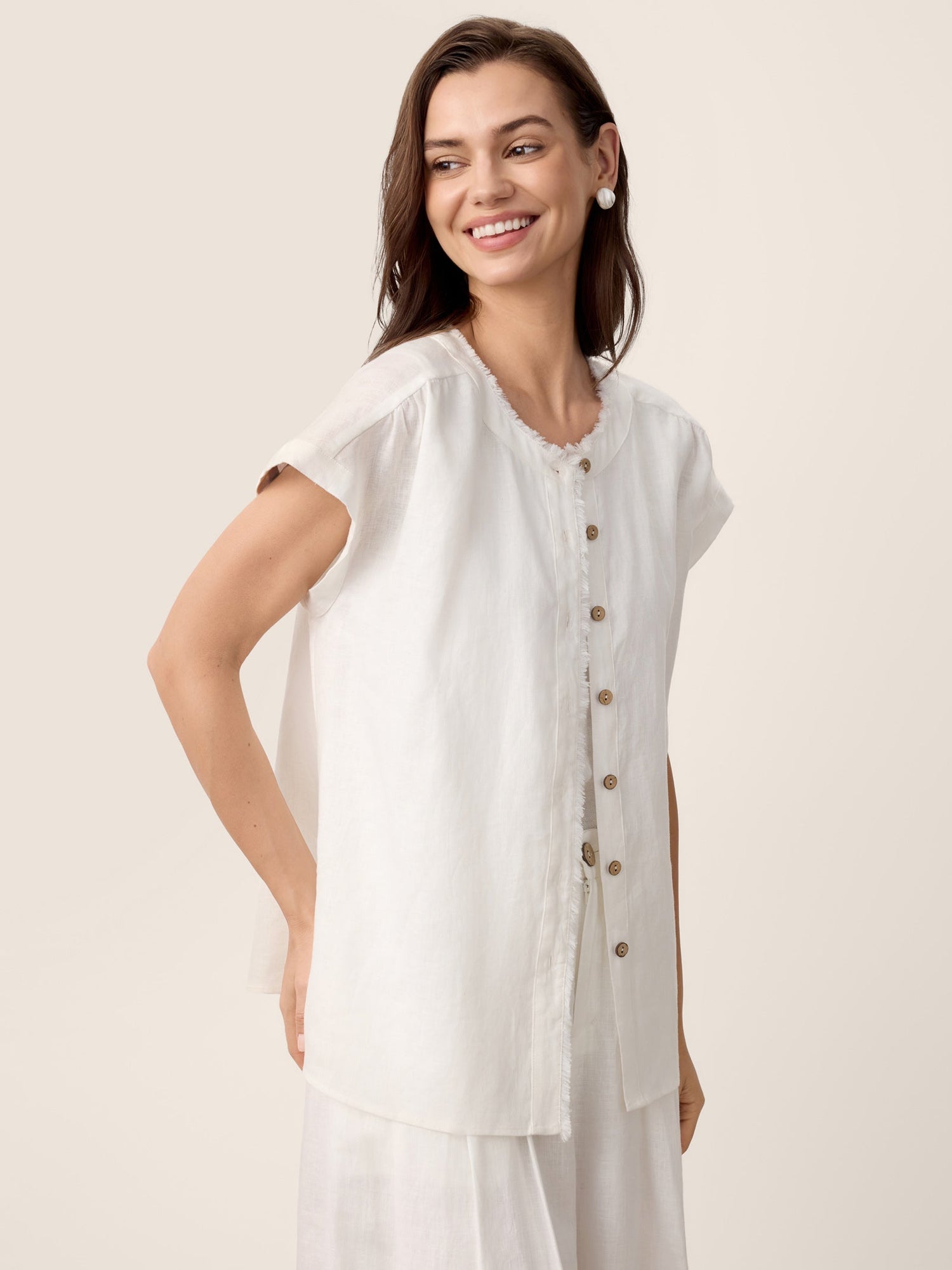 100% Linen Frayed-Trim Drop-Shoulder Top INDIRA - Glamourous Grace