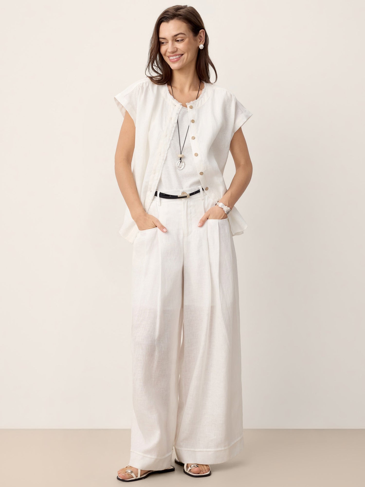 100% Linen Frayed-Trim Drop-Shoulder Top INDIRA - Glamourous Grace