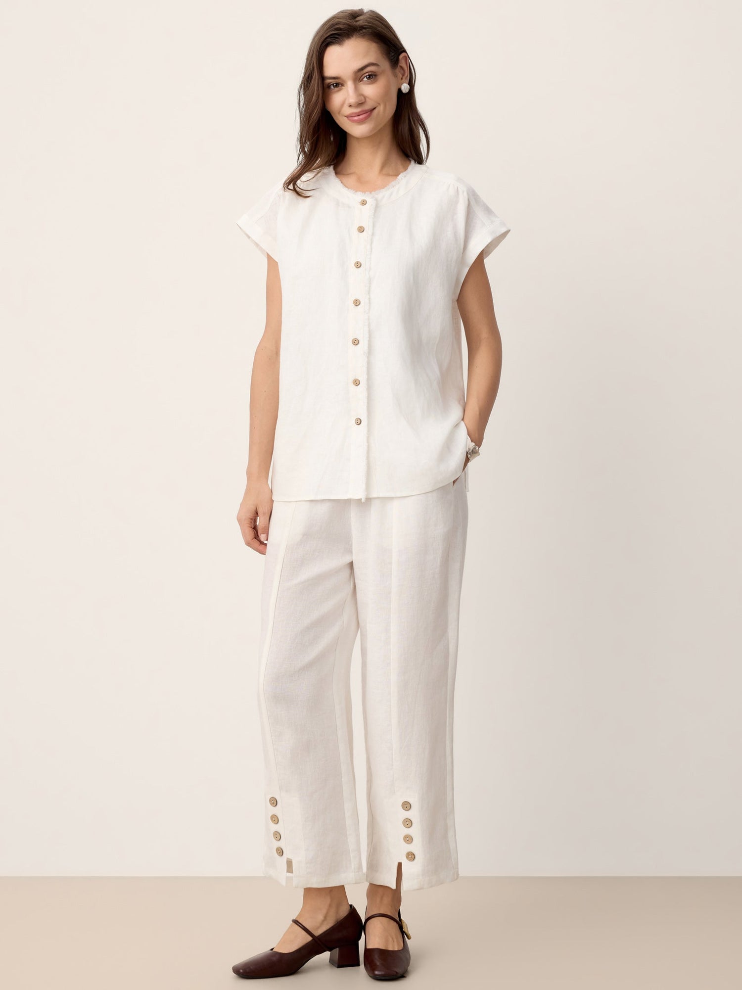 100% Linen Frayed-Trim Drop-Shoulder Top INDIRA - Glamourous Grace