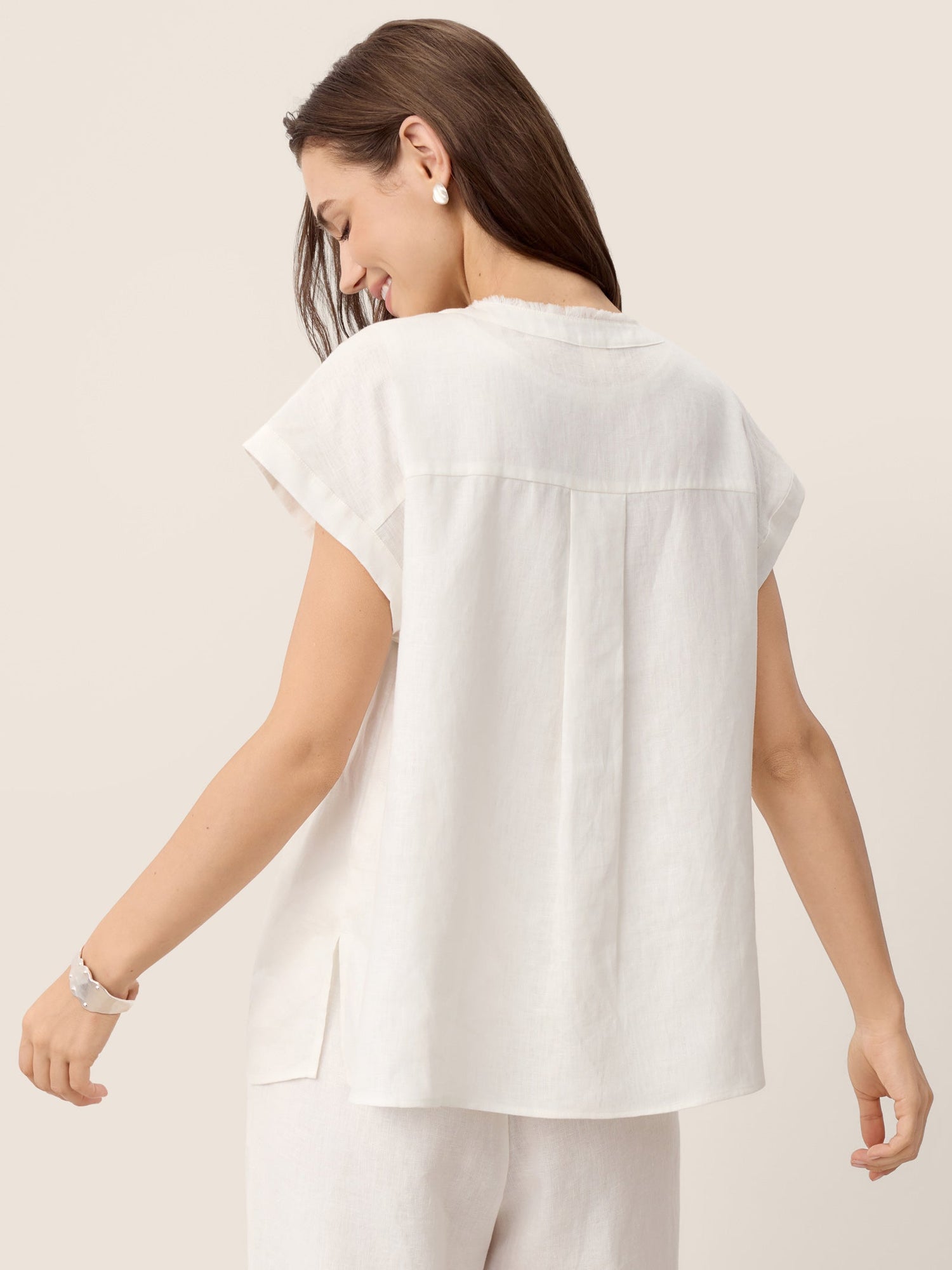 100% Linen Frayed-Trim Drop-Shoulder Top INDIRA - Glamourous Grace