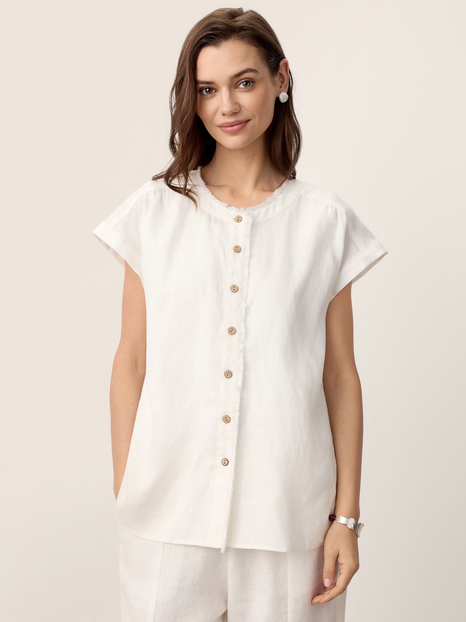 100% Linen Frayed-Trim Drop-Shoulder Top INDIRA - Glamourous Grace