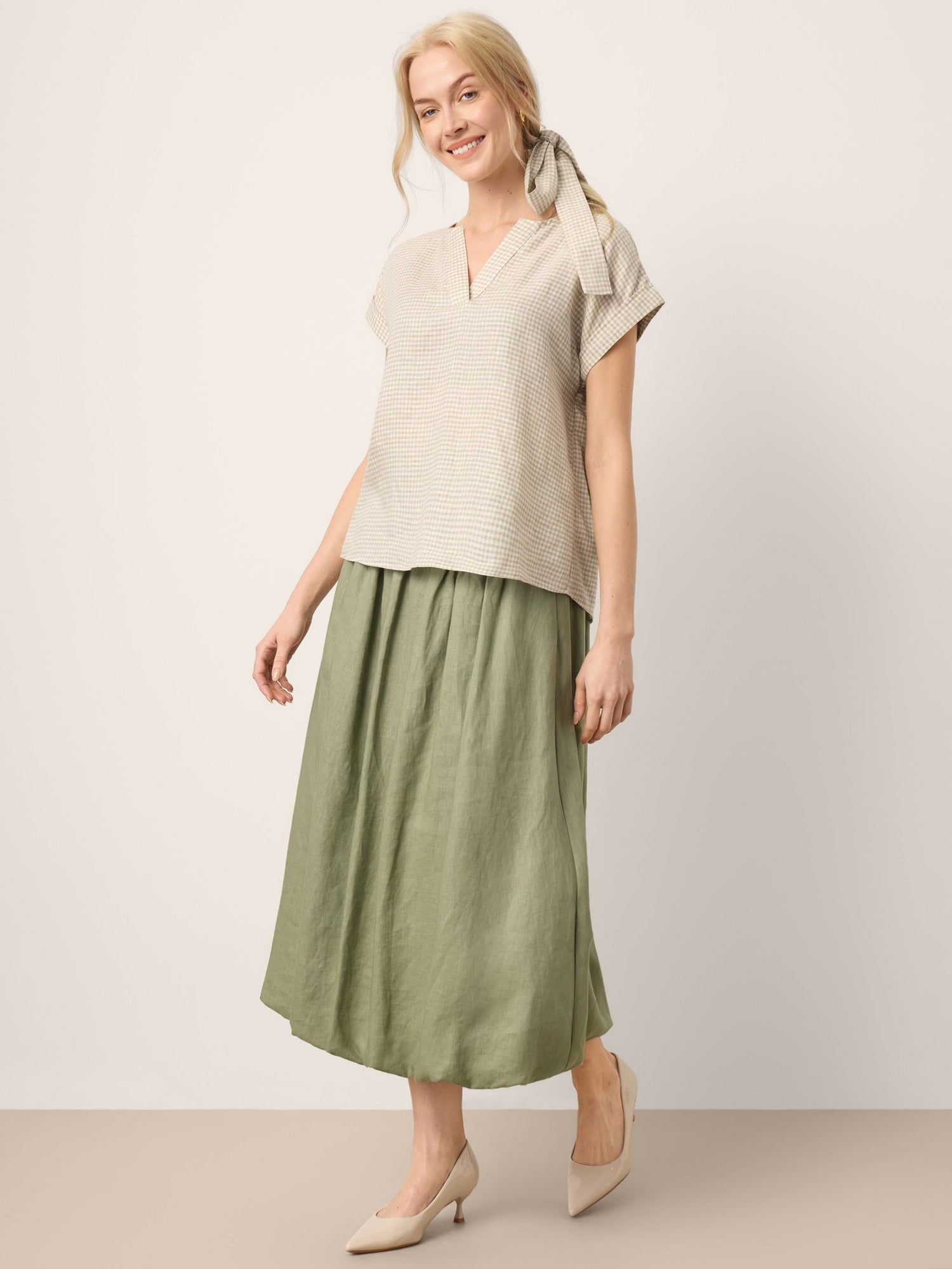 100% Linen Plaid Detachable Tie-Belt Split-Neck Top LEXIE - Glamourous Grace