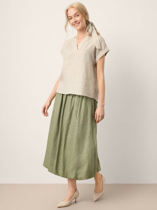100% Linen Plaid Detachable Tie-Belt Split-Neck Top LEXIE - Glamourous Grace