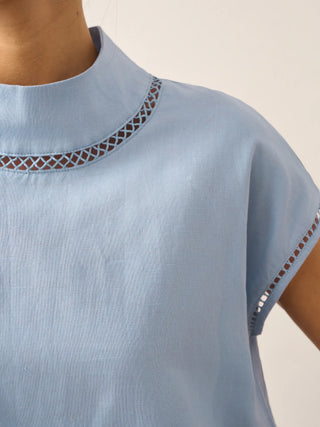 100% Linen Gingham Checked Cutout Turtleneck Top CAROL - Glamourous Grace