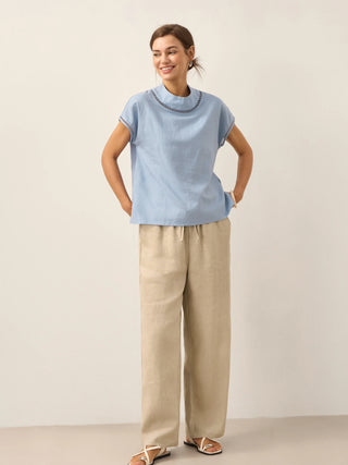 100% Linen Gingham Checked Cutout Turtleneck Top CAROL - Glamourous Grace