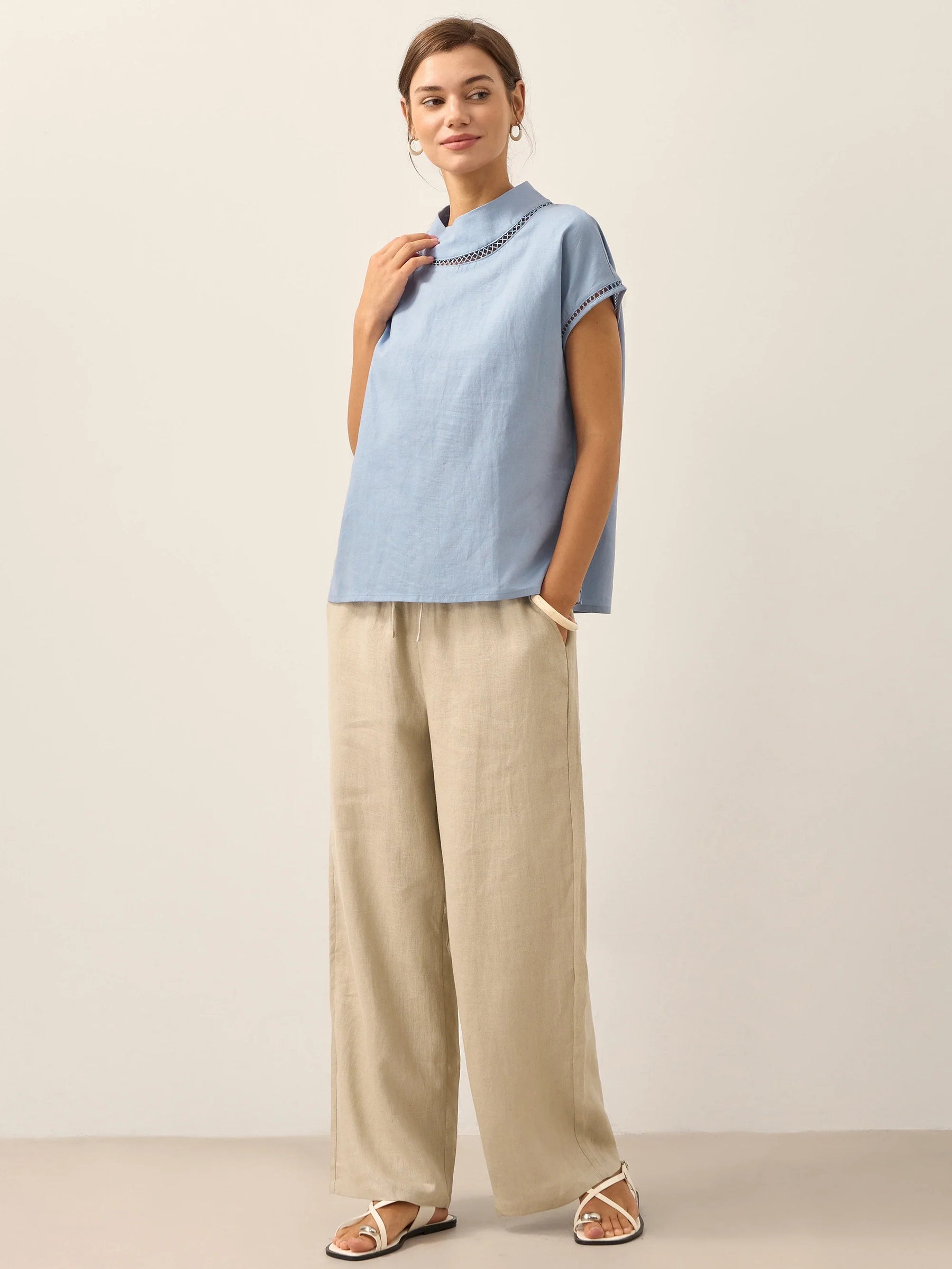 100% Linen Gingham Checked Cutout Turtleneck Top CAROL - Glamourous Grace
