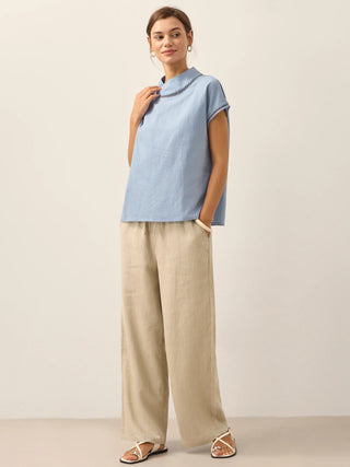 100% Linen Gingham Checked Cutout Turtleneck Top CAROL - Glamourous Grace
