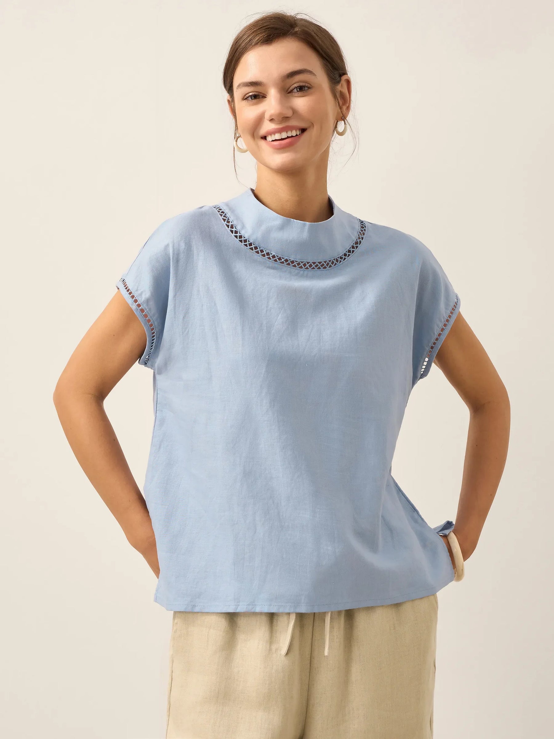 100% Linen Gingham Checked Cutout Turtleneck Top CAROL - Glamourous Grace