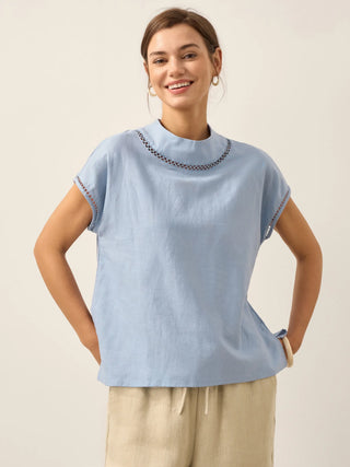 100% Linen Gingham Checked Cutout Turtleneck Top CAROL