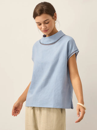 100% Linen Gingham Checked Cutout Turtleneck Top CAROL - Glamourous Grace