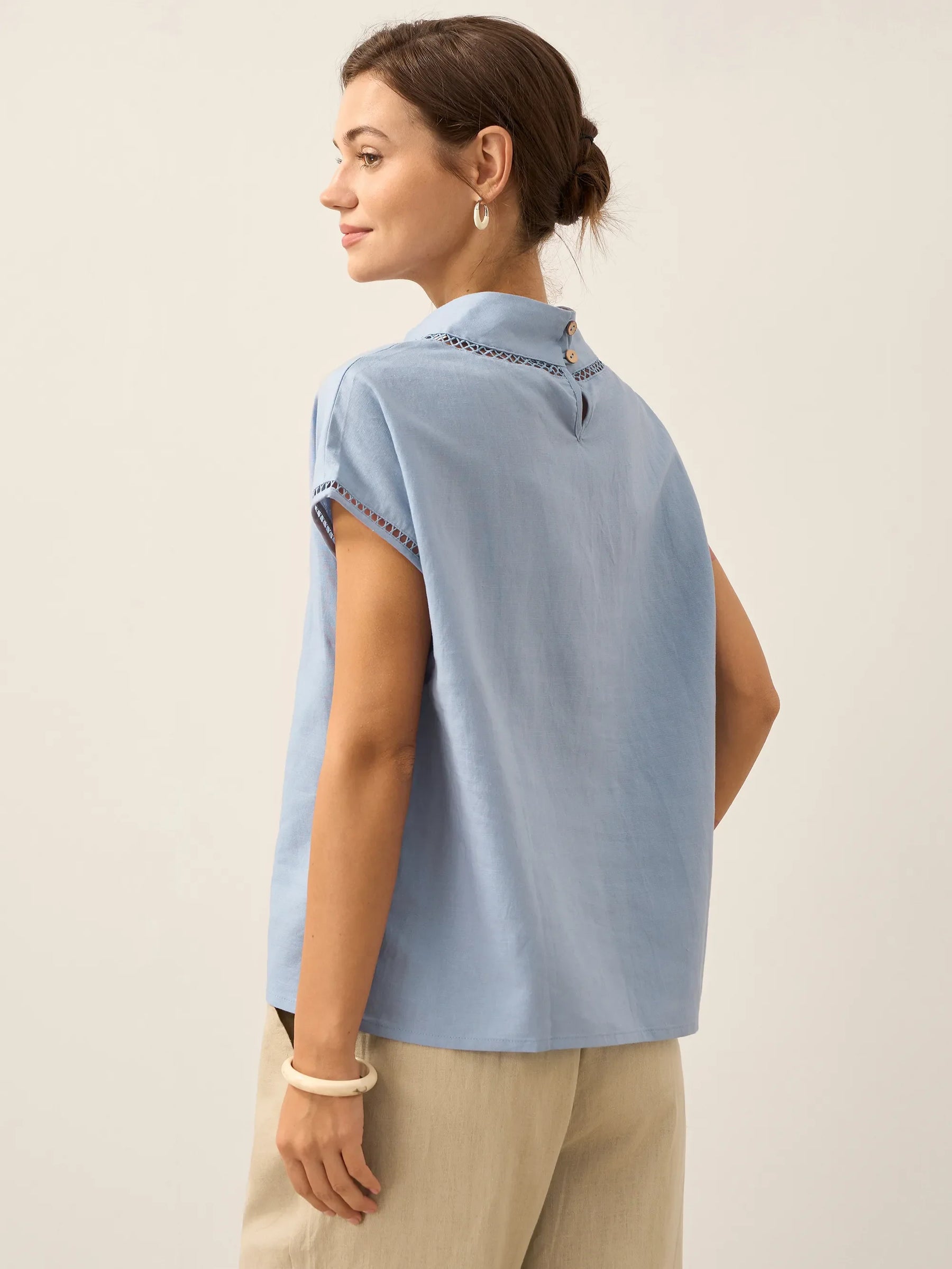 100% Linen Gingham Checked Cutout Turtleneck Top CAROL - Glamourous Grace